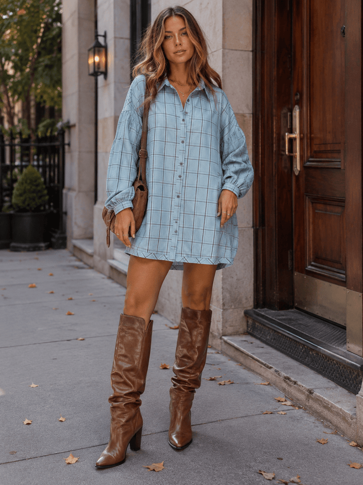WOMEN'S LONG SLEEVE BUTTON UP FRONT POCKETS TOP/MINI DRESS