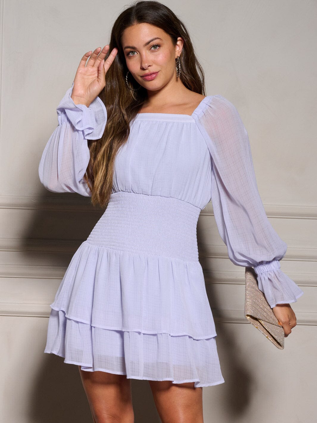 WOMEN'S LONG SLEEVE SQUARE NECK SMOCK TIERED RUFFLE MINI DRESS