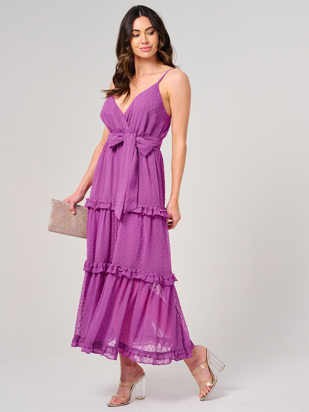 WOMEN'S SLEEVELESS SURPLICE SWISS DOT TIERED MAXI DRESS