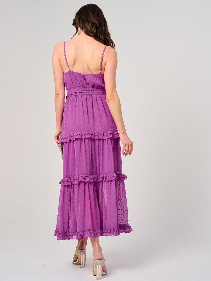 WOMEN'S SLEEVELESS SURPLICE SWISS DOT TIERED MAXI DRESS