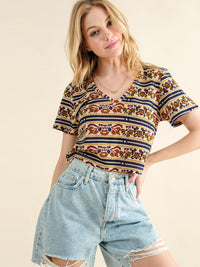 WOMEN'S SHORT SLEEVE V-NECK MULTI PRINT BLOUSE