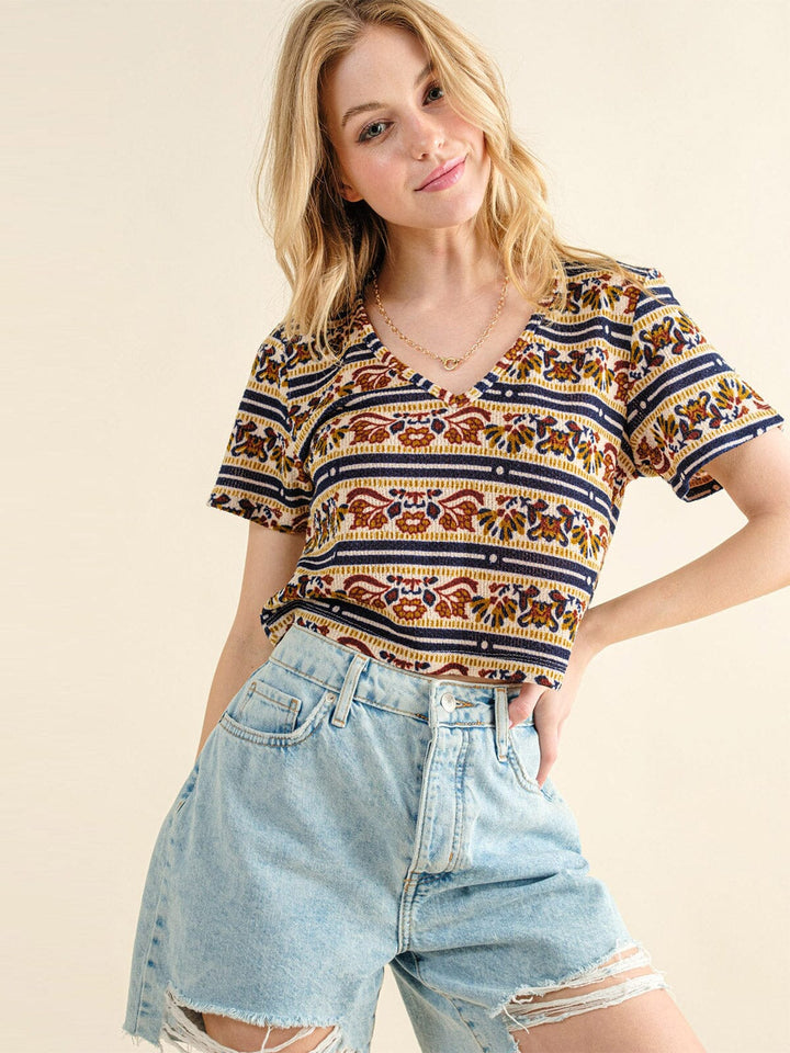 WOMEN'S SHORT SLEEVE V-NECK MULTI PRINT BLOUSE