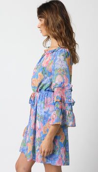 WOMEN'S 3/4 RUFFLE SLEEVE SELF TIE FLORAL MINI DRESS
