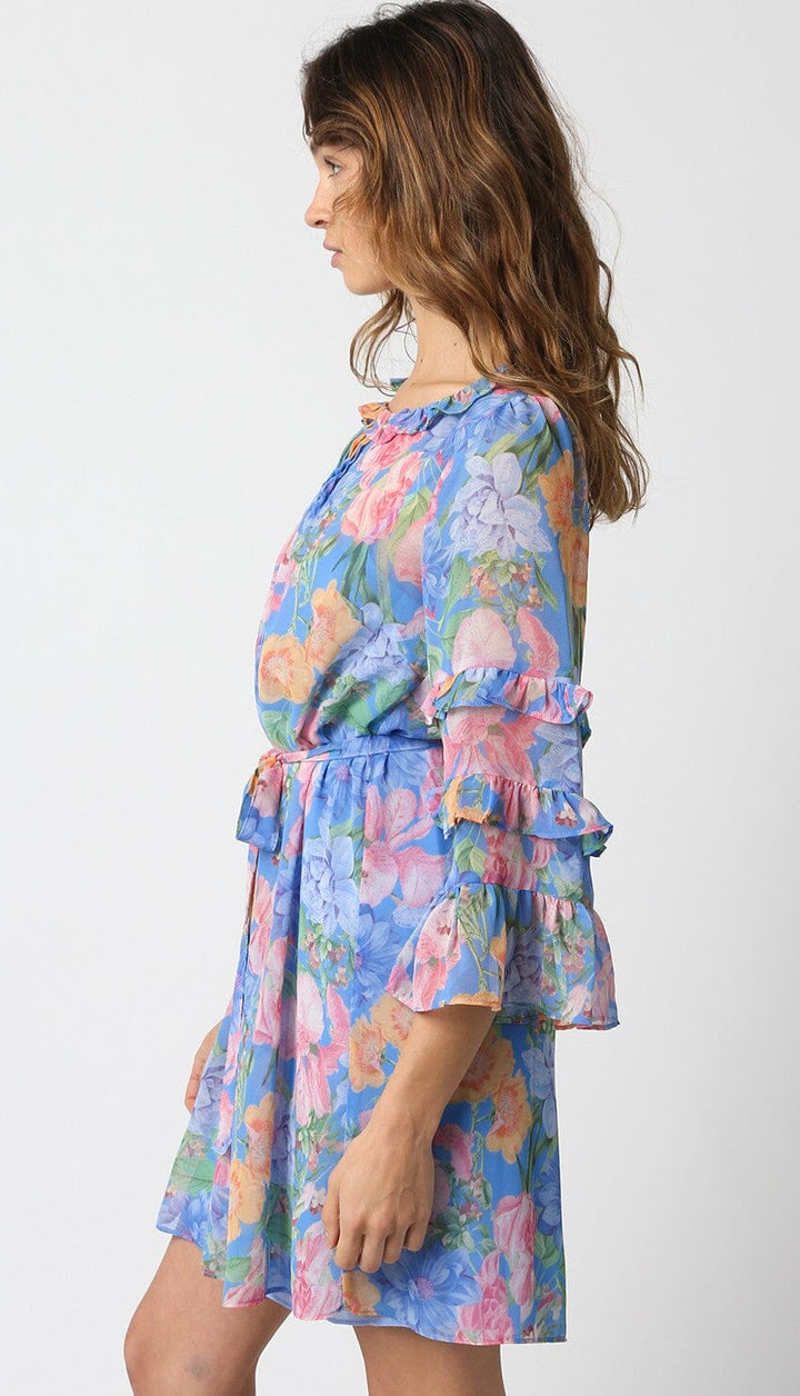 WOMEN'S 3/4 RUFFLE SLEEVE SELF TIE FLORAL MINI DRESS