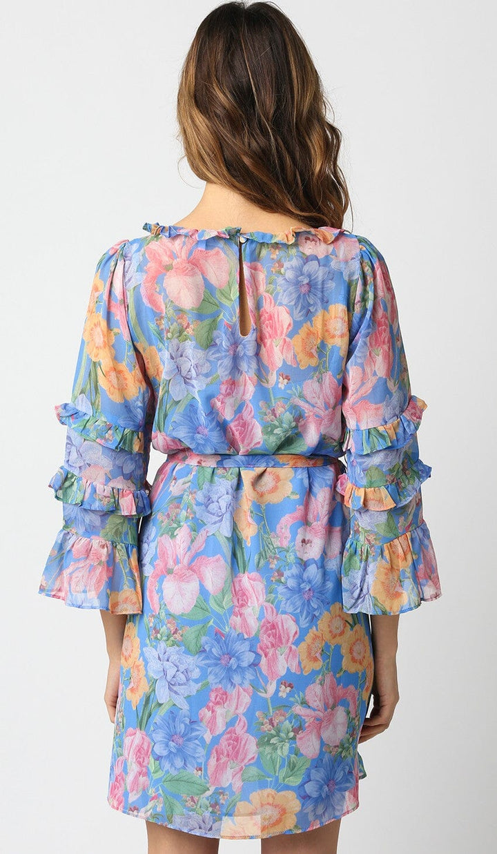 WOMEN'S 3/4 RUFFLE SLEEVE SELF TIE FLORAL MINI DRESS