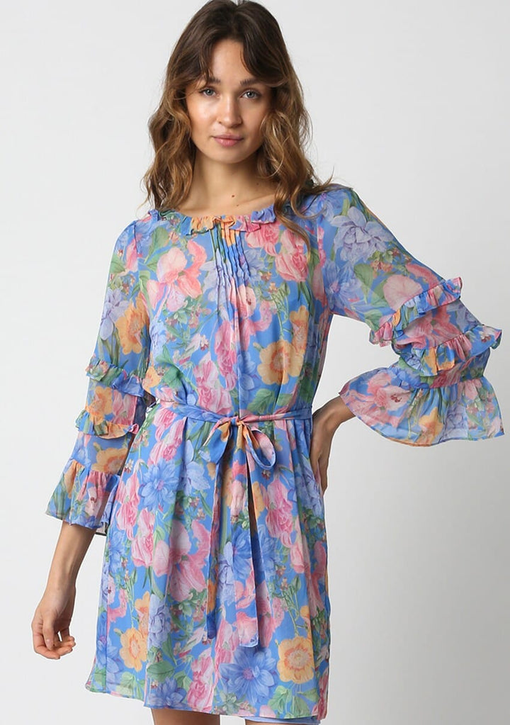 WOMEN'S 3/4 RUFFLE SLEEVE SELF TIE FLORAL MINI DRESS