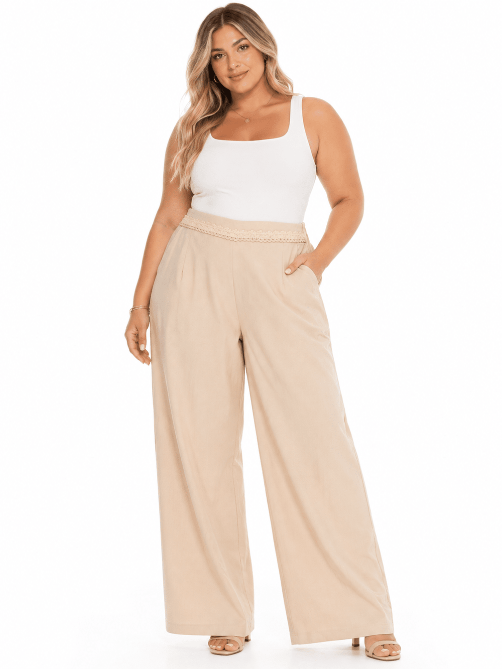 PLUS SIZE ELASTIC DETAILED WAIST FRONT POCKETS WIDE LEG PANTS