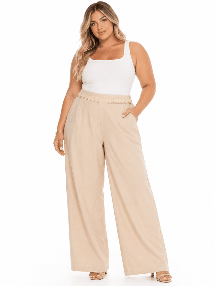 PLUS SIZE ELASTIC DETAILED WAIST FRONT POCKETS WIDE LEG PANTS