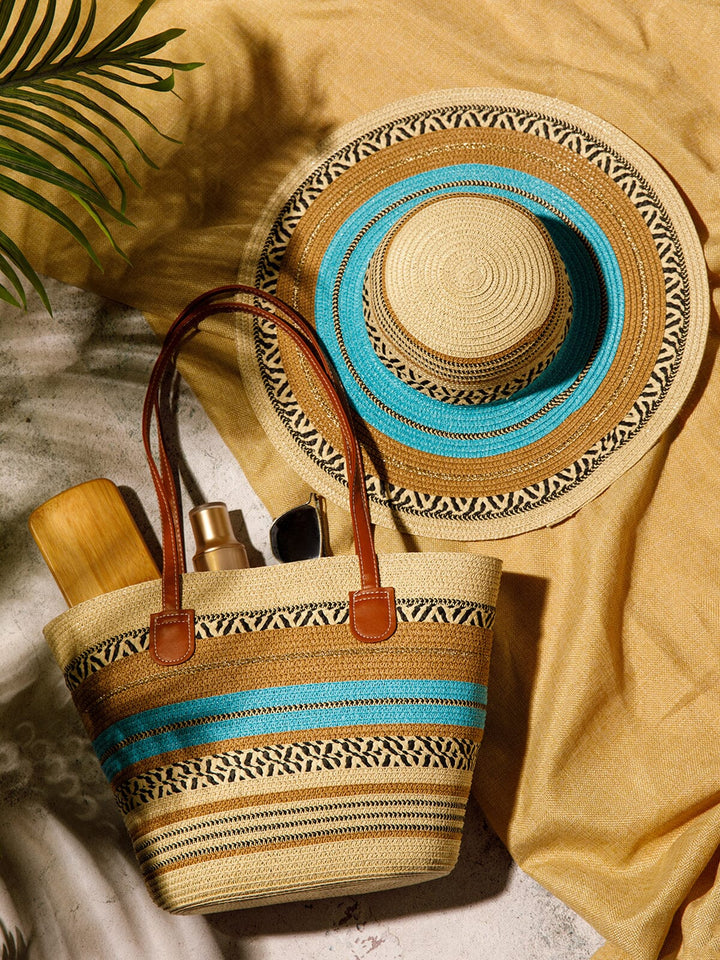 WOMEN'S STRAW WOVEN COLORBLOCK TOTE BAG