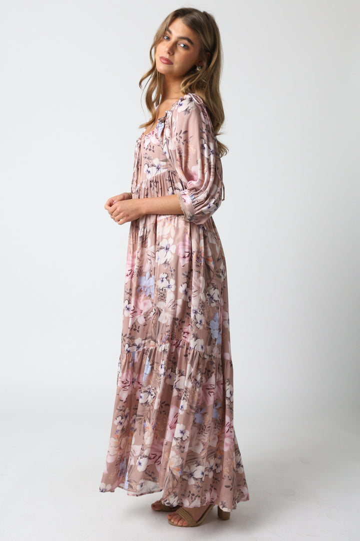 WOMEN'S SHORT SLEEVE FRONT POCKETS LOOSE FIT TIERED FLORAL MAXI DRESS