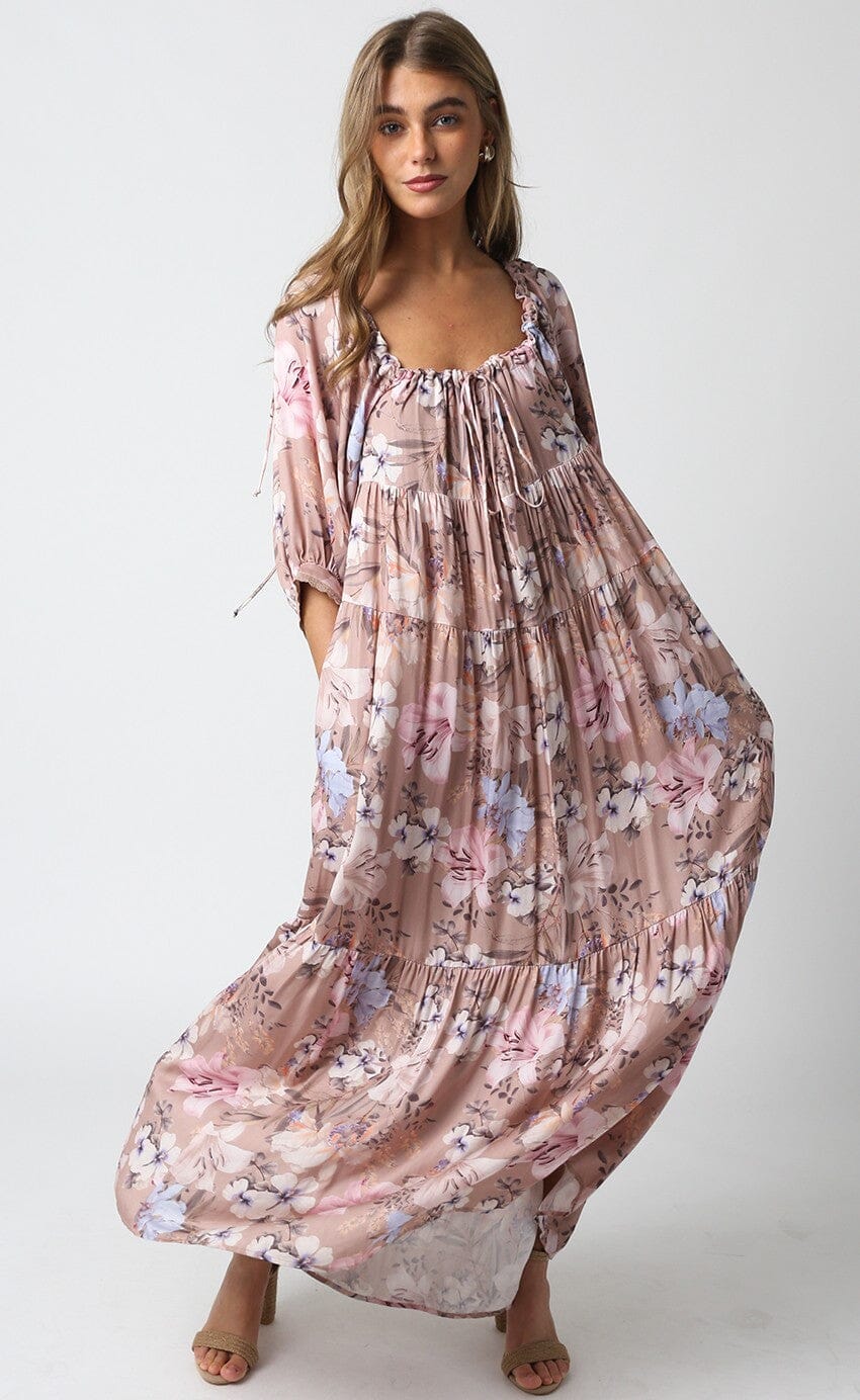 WOMEN'S SHORT SLEEVE FRONT POCKETS LOOSE FIT TIERED FLORAL MAXI DRESS