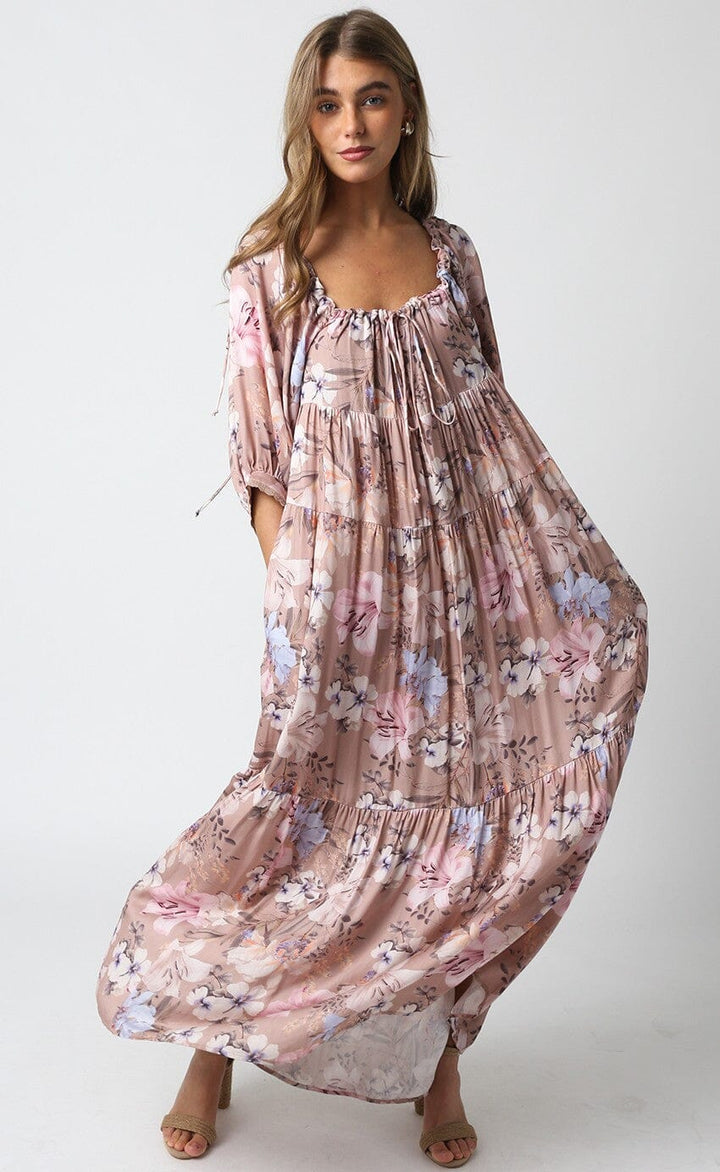 WOMEN'S SHORT SLEEVE FRONT POCKETS LOOSE FIT TIERED FLORAL MAXI DRESS