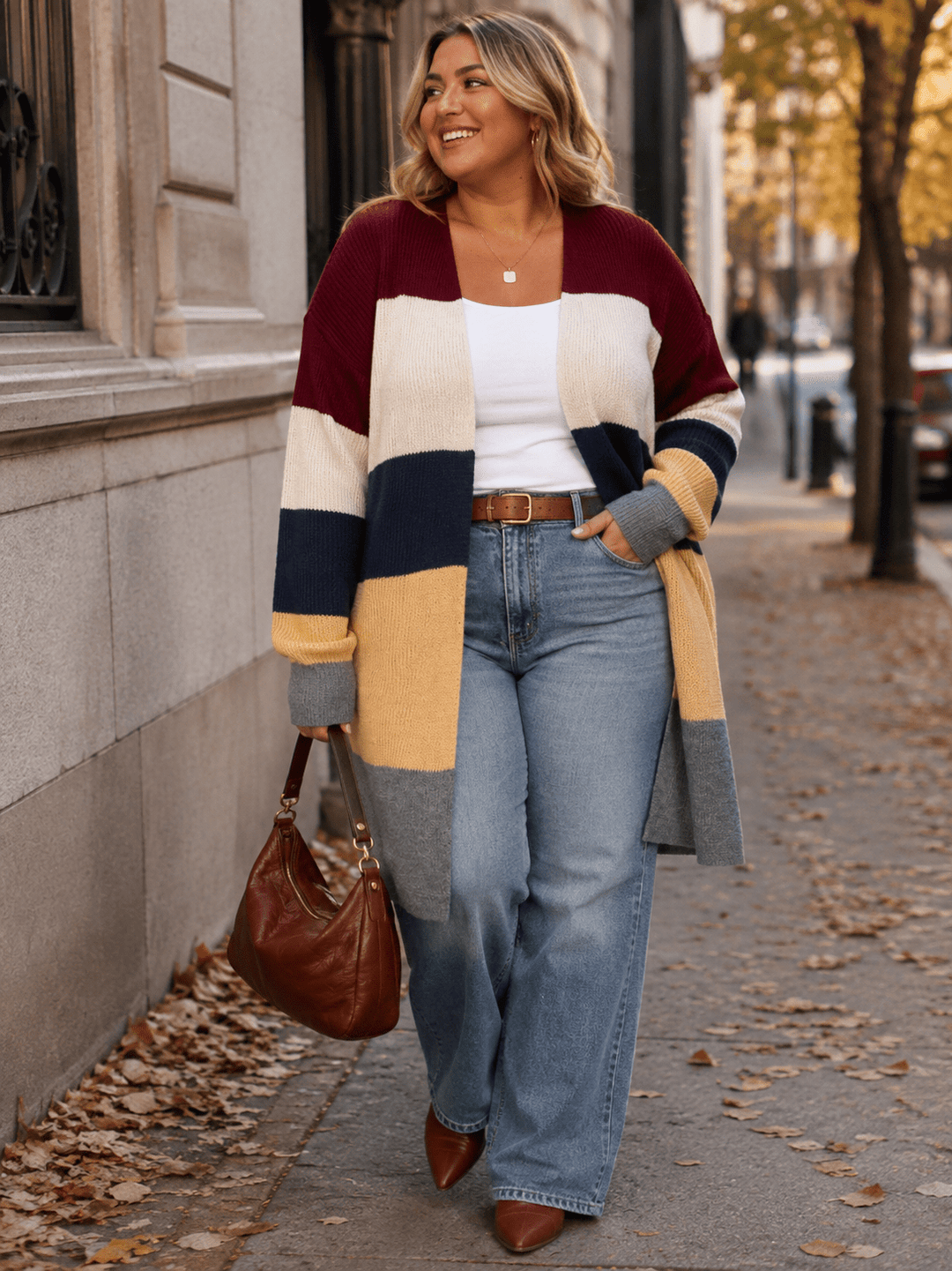 PLUS SIZE LONG SLEEVE COLORBLOCK OPEN FRONT KNIT CARDIGAN
