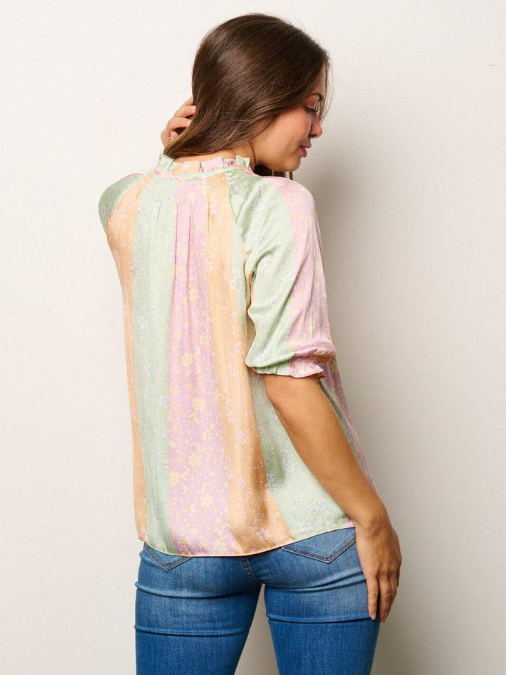 WOMEN'S SHORT SLEEVE MOCK NECK COLORBLOCK FLORAL BLOUSE TOP