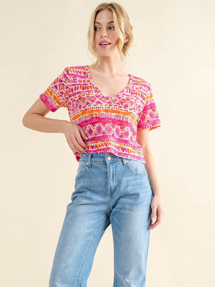 WOMEN'S SHORT SLEEVE V-NECK MULTI PRINT BLOUSE