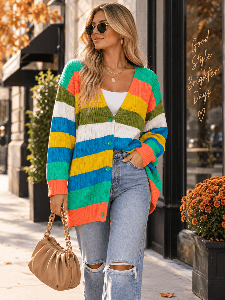 WOMEN'S LONG SLEEVE BUTTON UP STRIPES COLORBLOCK KNIT CARDIGAN