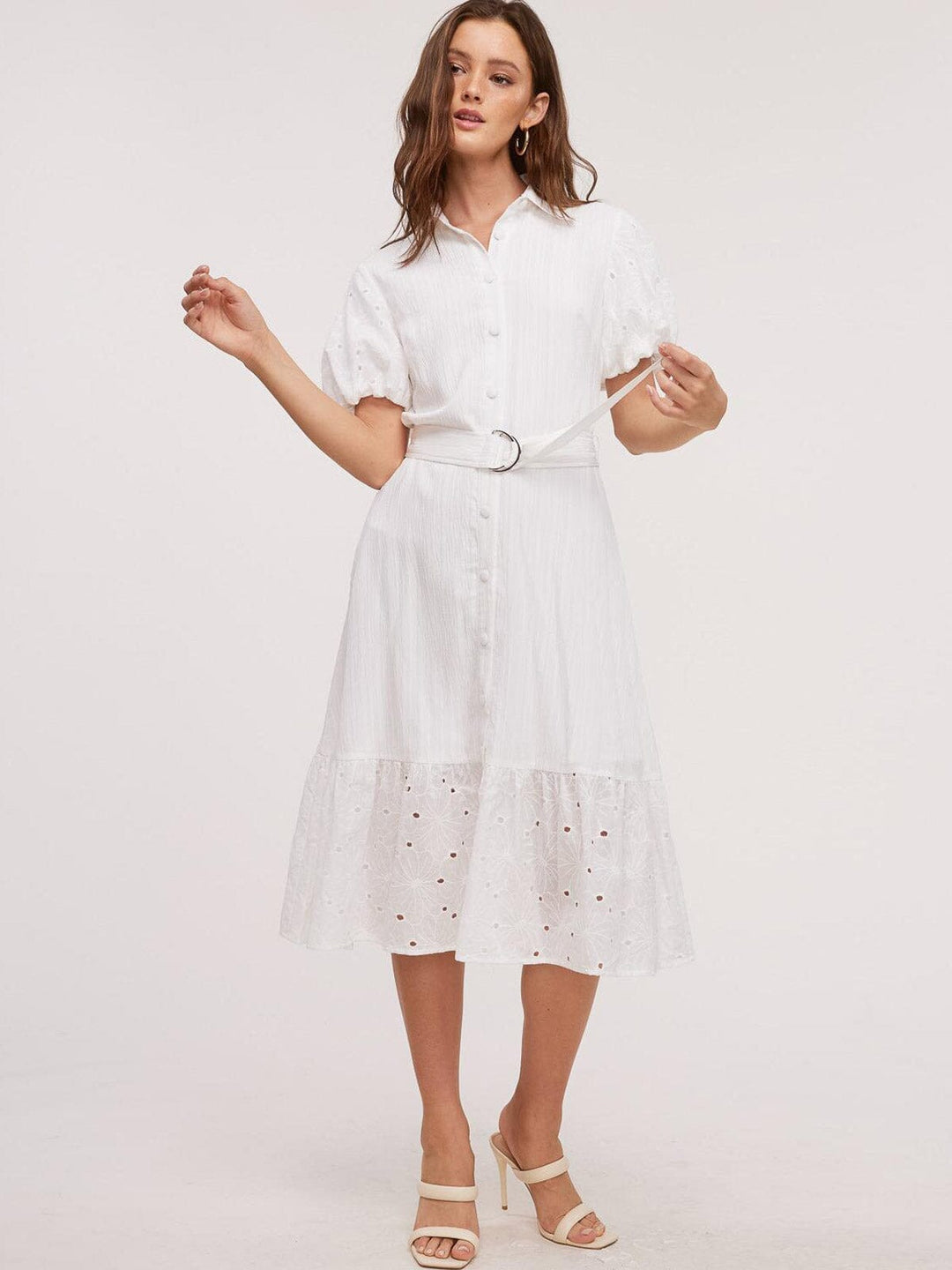 WOMEN'S SHORT SLEEVE BUTTON UP EYELET DETAILED MIDI DRESS