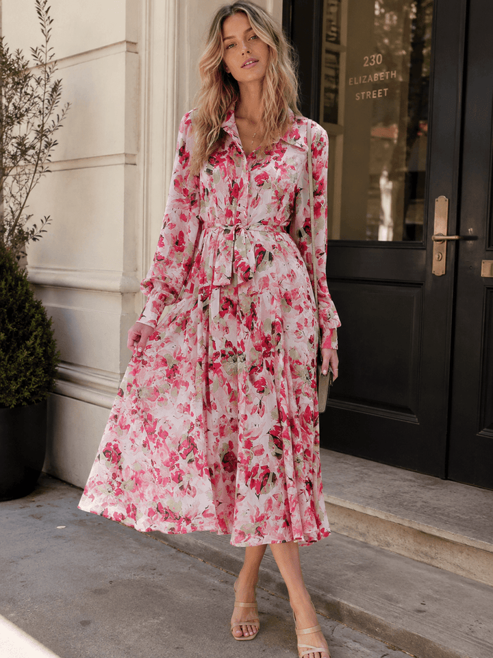 BEULAH WOMEN'S LONG SLEEVE BUTTON UP SELF TIE FLORAL PRINT MAXI DRESS