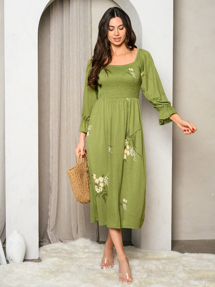 WOMEN'S 3/4 SLEEVES SMOCK FLORAL MIDI DRESS
