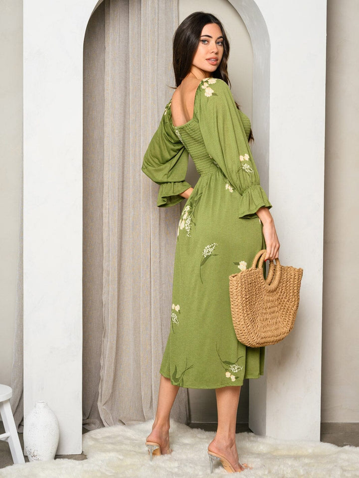 WOMEN'S 3/4 SLEEVES SMOCK FLORAL MIDI DRESS