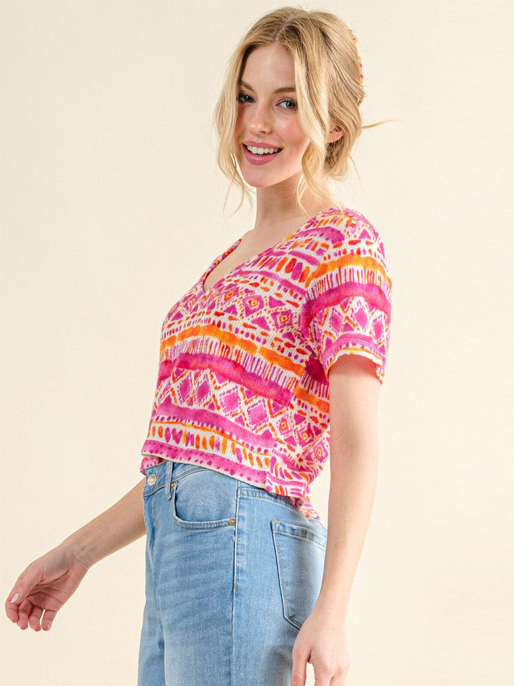 WOMEN'S SHORT SLEEVE V-NECK MULTI PRINT BLOUSE