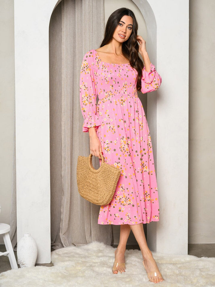 WOMEN'S 3/4 SLEEVE SMOCK FLORAL MIDI DRESS