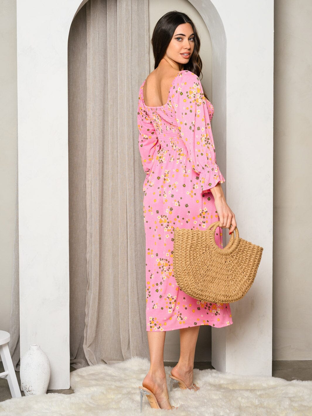 WOMEN'S 3/4 SLEEVE SMOCK FLORAL MIDI DRESS