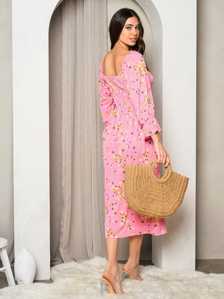 WOMEN'S 3/4 SLEEVE SMOCK FLORAL MIDI DRESS