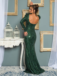WOMEN'S LONG SLEEVE V-NECK MESH SEQUINS BODYCON MAXI GOWN DRESS