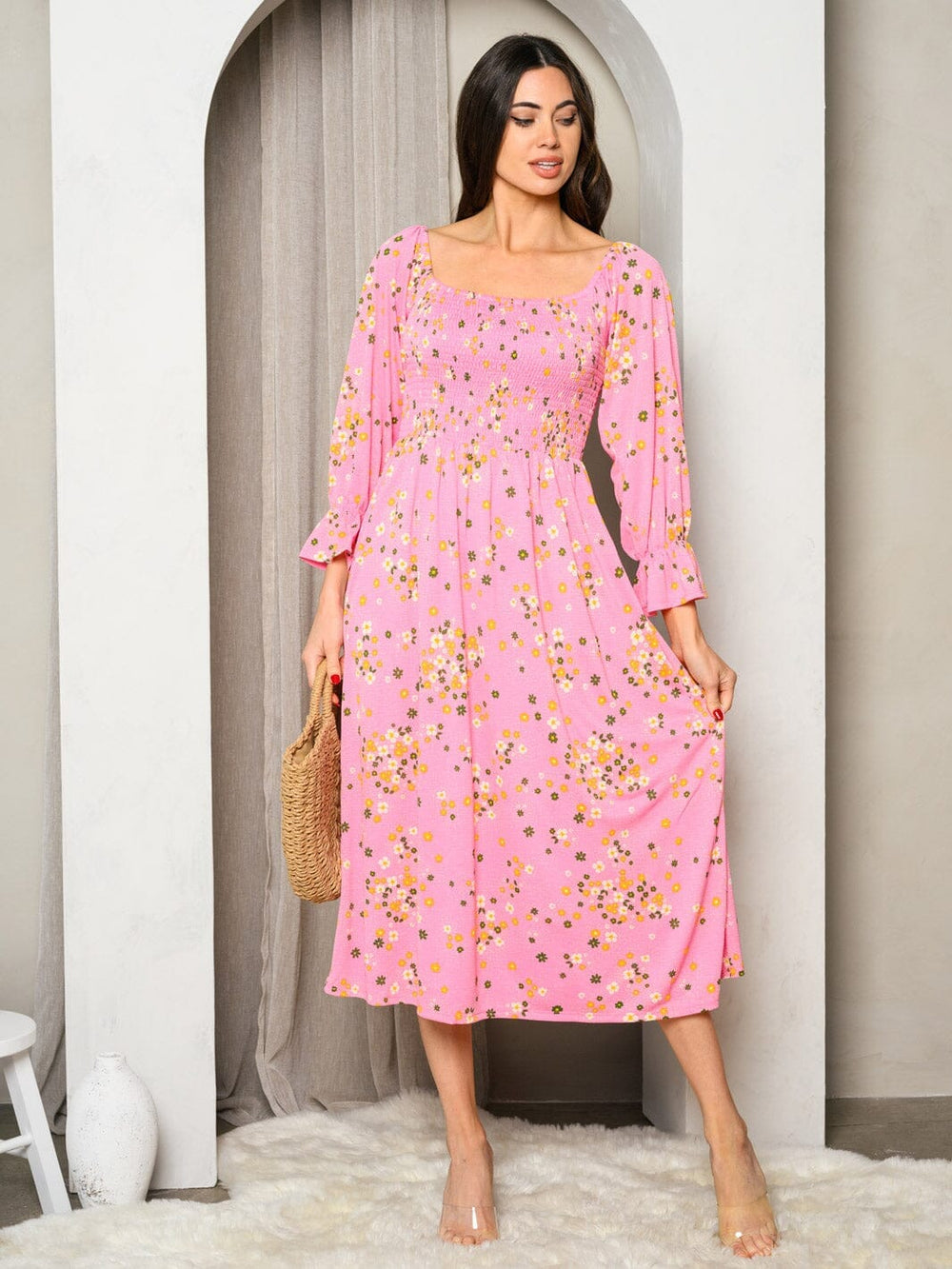 WOMEN'S 3/4 SLEEVE SMOCK FLORAL MIDI DRESS