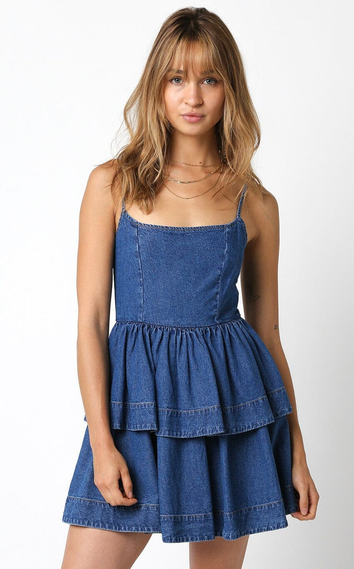 WOMEN'S SLEEVELESS TIERED RUFFLE FIT & FLARE DENIM MINI DRESS