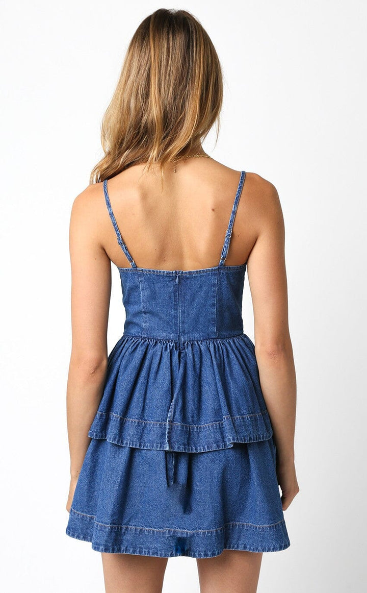 WOMEN'S SLEEVELESS TIERED RUFFLE FIT & FLARE DENIM MINI DRESS