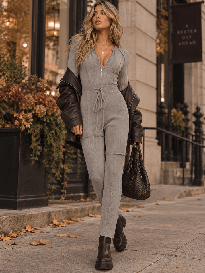 WOMEN'S LONG SLEEVE ZIP UP POCKETS RIBBED SKINNY LEG JUMPSUIT