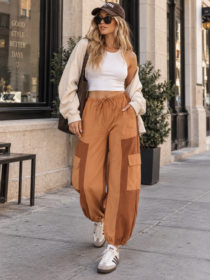 WOMEN'S ELASSTIC WAIST CARGO POCKETS COLORBLOCK JOGGER PANTS