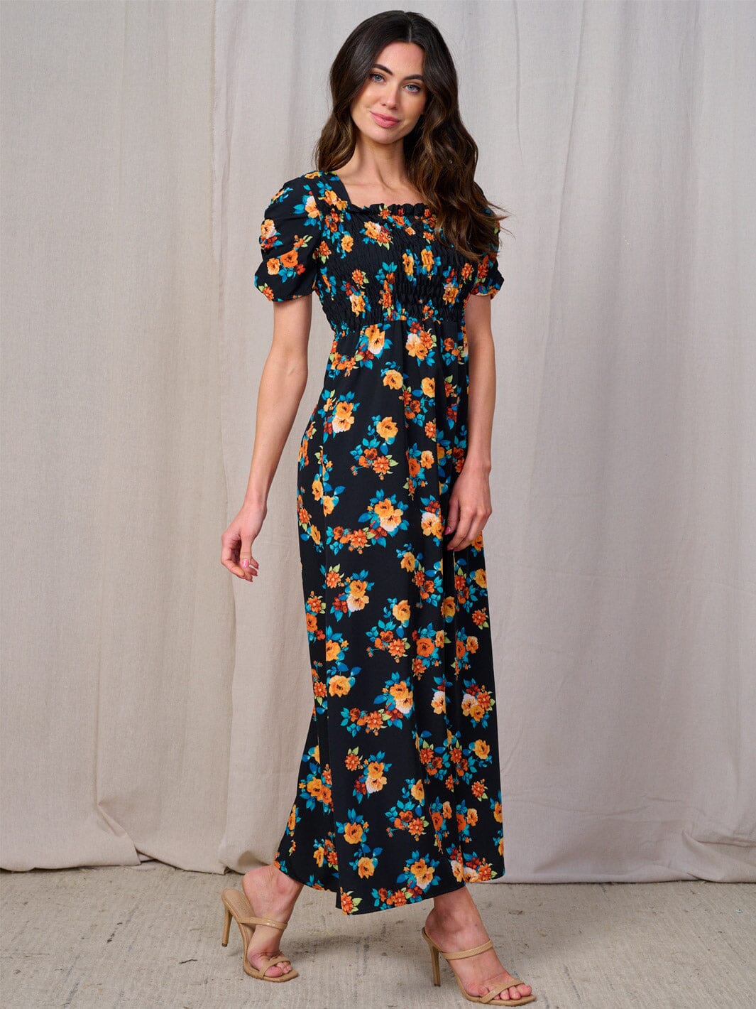 WOMEN'S SHORT SLEEVES SQUARE NECK SMOCK FLORAL MAXI DRESS