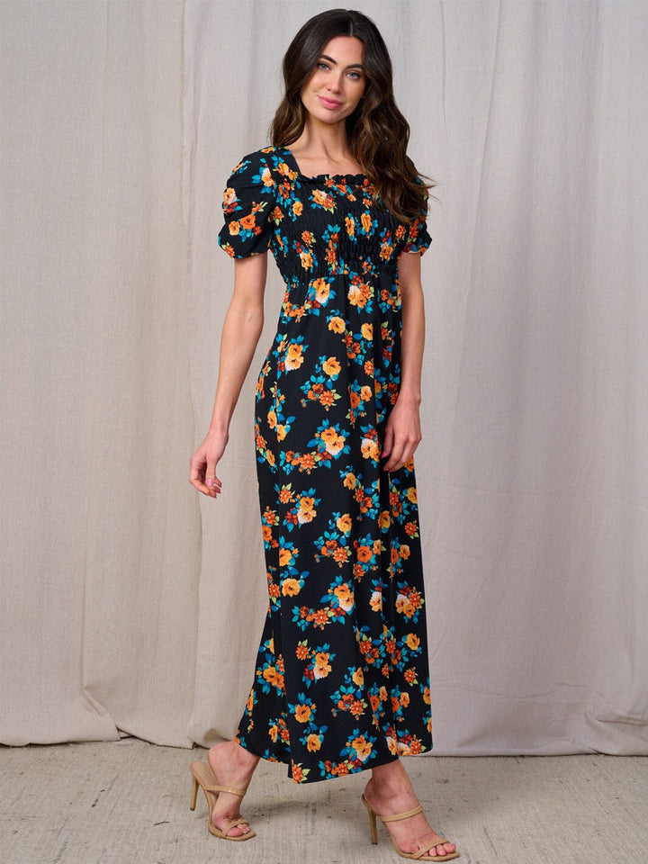 WOMEN'S SHORT SLEEVES SQUARE NECK SMOCK FLORAL MAXI DRESS