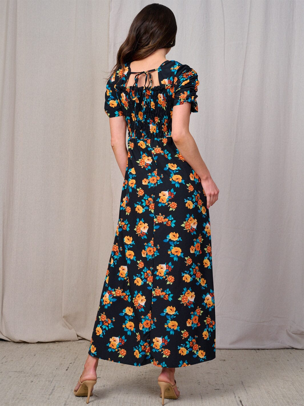 WOMEN'S SHORT SLEEVES SQUARE NECK SMOCK FLORAL MAXI DRESS