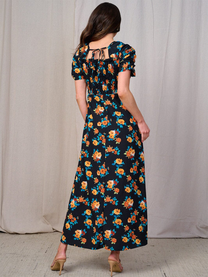 WOMEN'S SHORT SLEEVES SQUARE NECK SMOCK FLORAL MAXI DRESS
