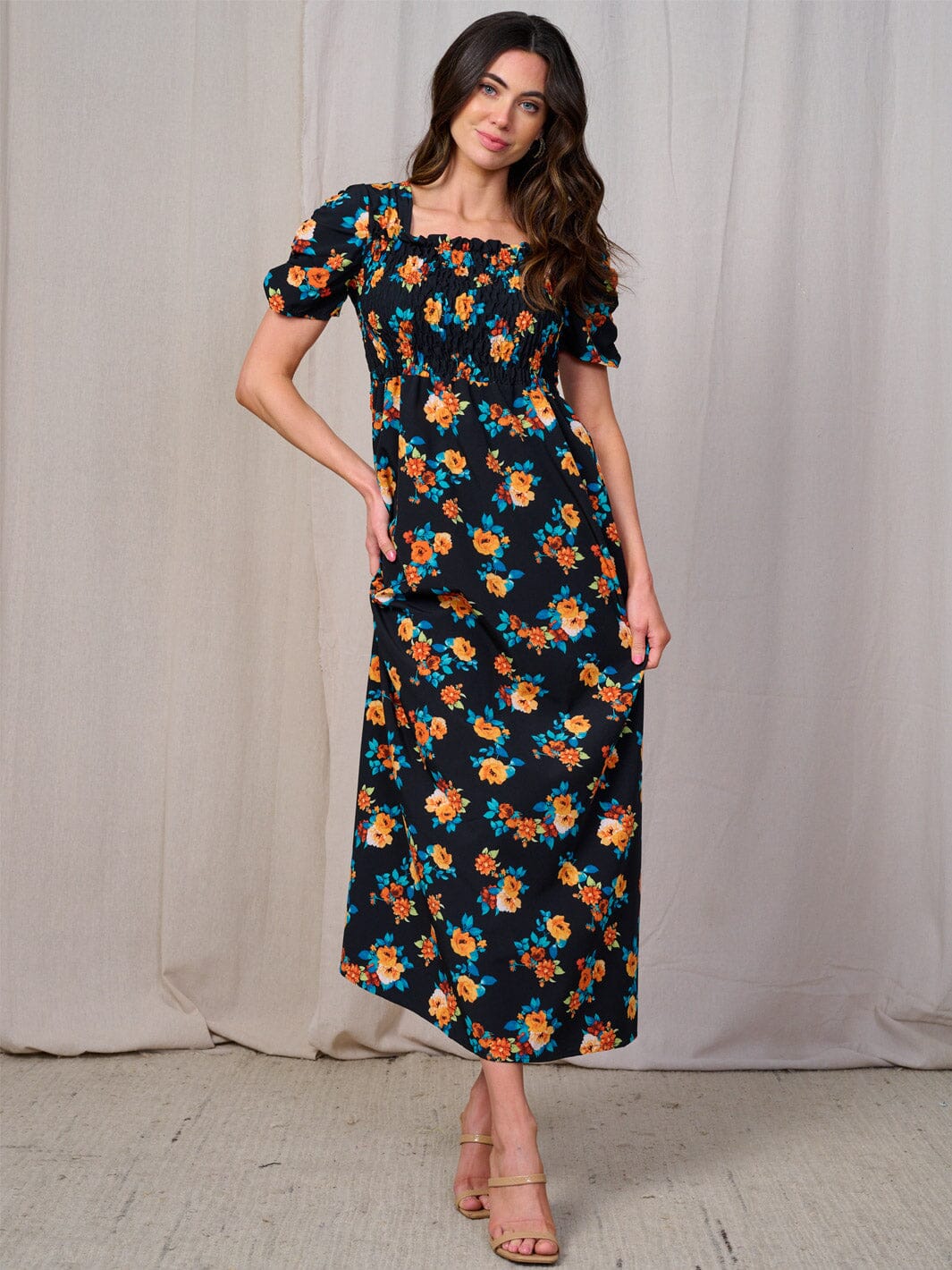 WOMEN'S SHORT SLEEVES SQUARE NECK SMOCK FLORAL MAXI DRESS