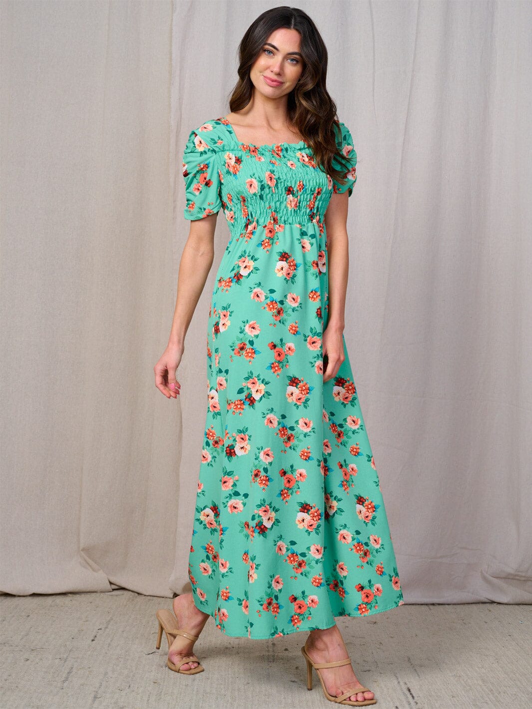 WOMEN'S SHORT SLEEVES SQUARE NECK SMOCK FLORAL MAXI DRESS
