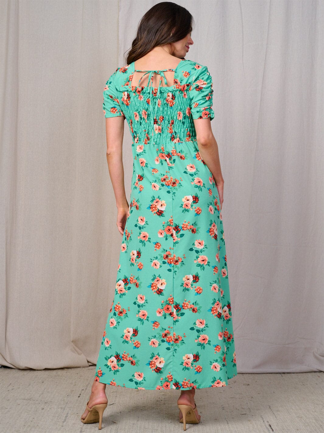 WOMEN'S SHORT SLEEVES SQUARE NECK SMOCK FLORAL MAXI DRESS