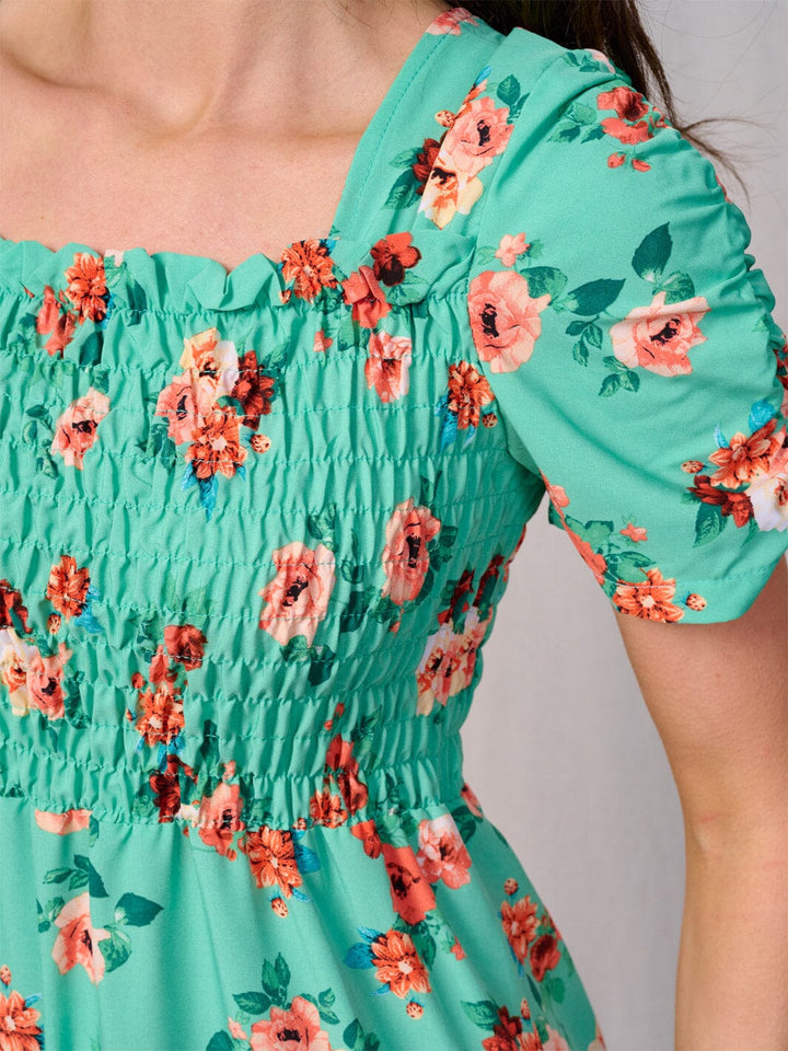 WOMEN'S SHORT SLEEVES SQUARE NECK SMOCK FLORAL MAXI DRESS