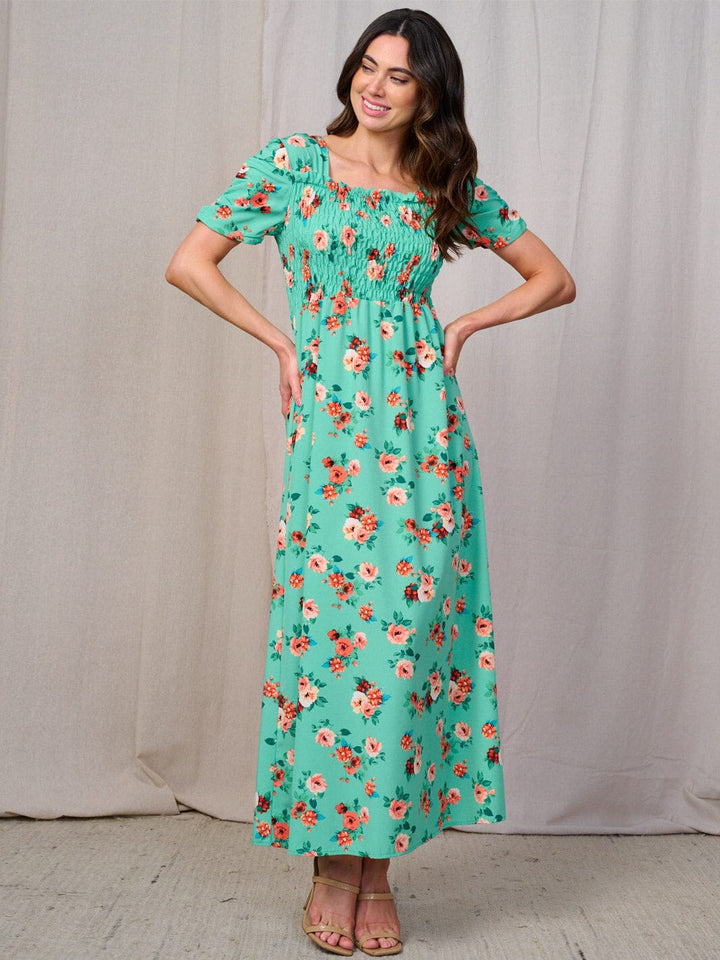 WOMEN'S SHORT SLEEVES SQUARE NECK SMOCK FLORAL MAXI DRESS