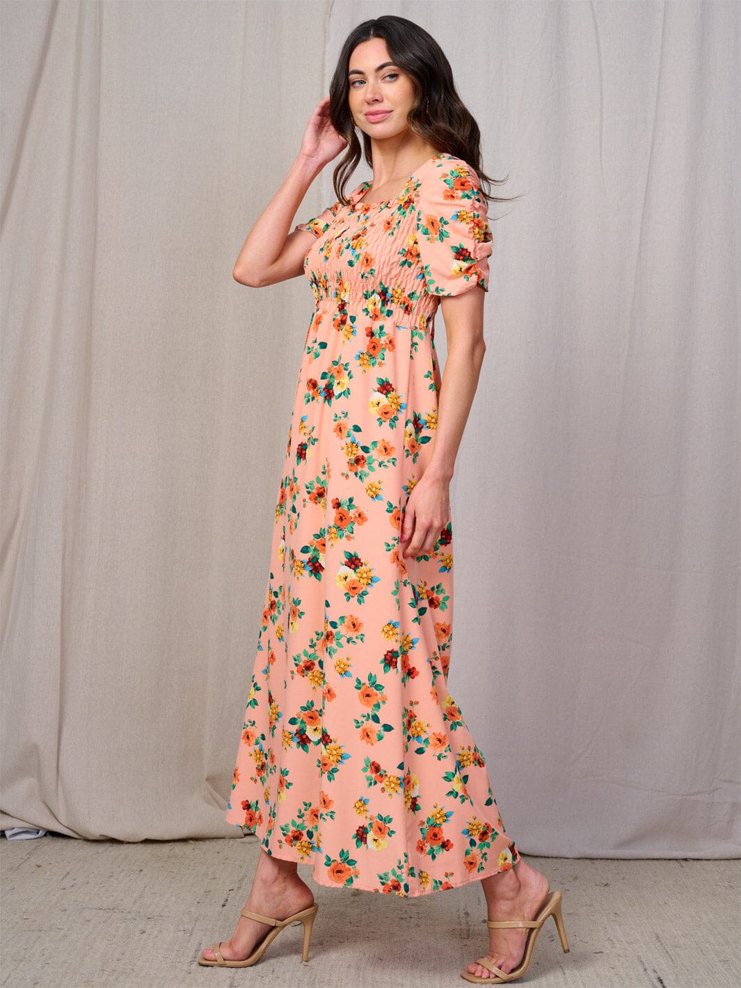 WOMEN'S SHORT SLEEVES SQUARE NECK SMOCK FLORAL MAXI DRESS