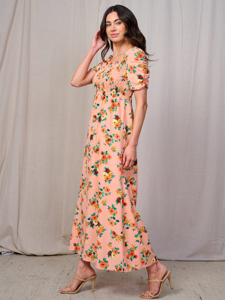WOMEN'S SHORT SLEEVES SQUARE NECK SMOCK FLORAL MAXI DRESS