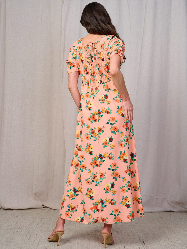 WOMEN'S SHORT SLEEVES SQUARE NECK SMOCK FLORAL MAXI DRESS