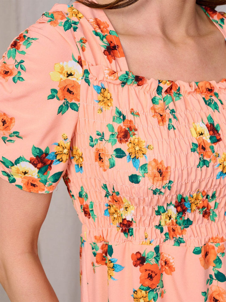 WOMEN'S SHORT SLEEVES SQUARE NECK SMOCK FLORAL MAXI DRESS