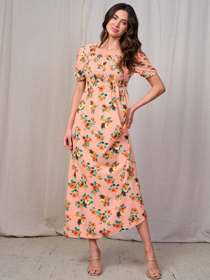 WOMEN'S SHORT SLEEVES SQUARE NECK SMOCK FLORAL MAXI DRESS