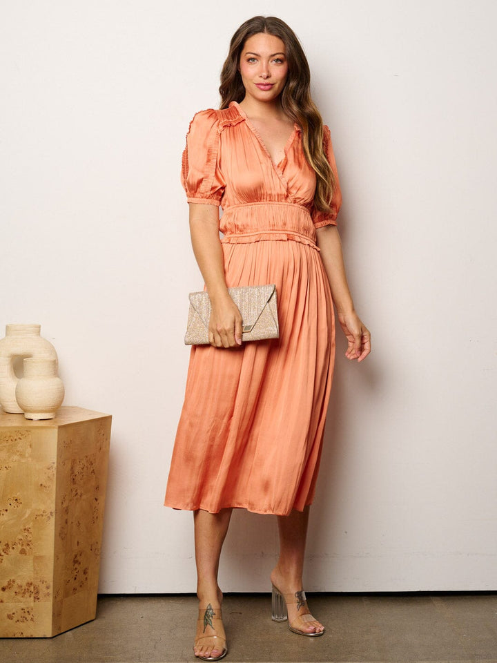 WOMEN'S SHORT SLEEVE V-NECK ELASTIC WAIST MIDI DRESS