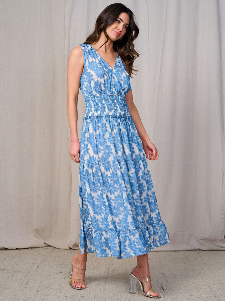 WOMEN'S SLEEVLESS SURPLICE SMOCK WAIST FLORAL MAXI DRESS